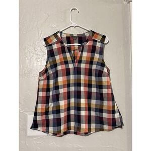 Eddie Bauer Size Large Womens Plaid Cotton Blend Sleeveless Split Neck Top